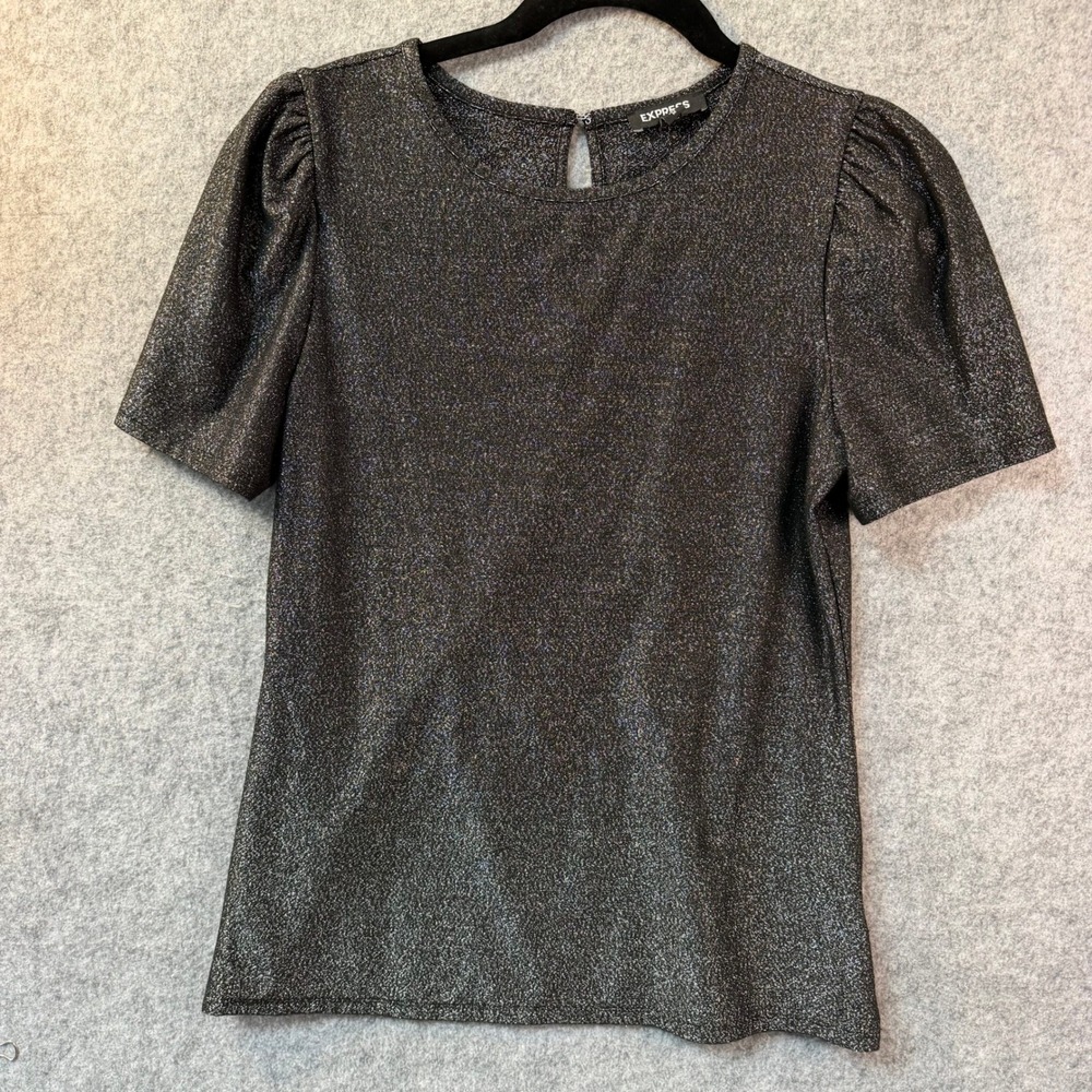 Express Womens Black Metallic Shimmer Puff Sleeve Keyhole Back Top Size M